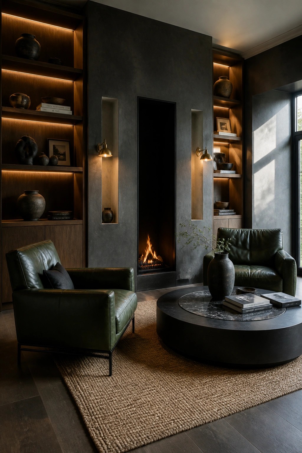 A dark living room with a central fireplace flanked by wooden built-in shelves with integrated lighting, two green leather armchairs, and a round coffee table on a woven rug.