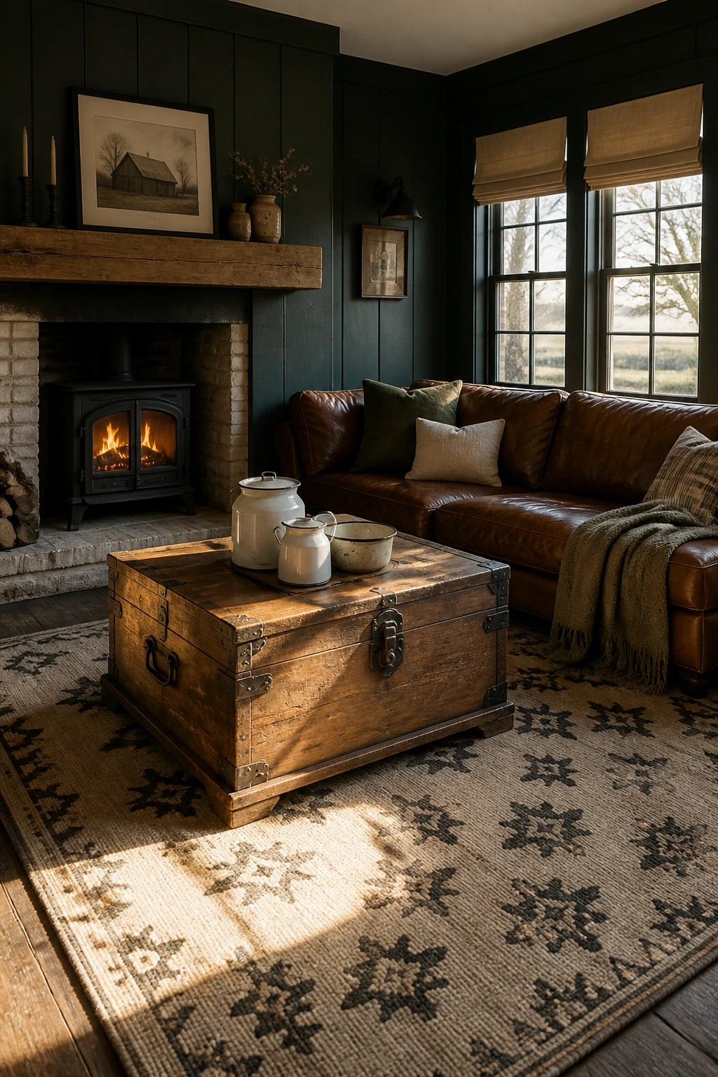 A living room with dark green walls, a brown leather sofa, a wooden trunk used as a coffee table, and a lit wood-burning stove in a brick fireplace.