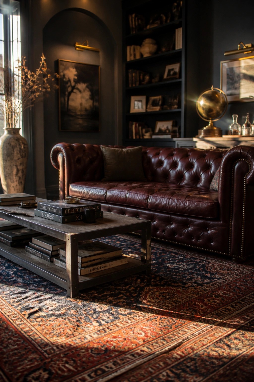 A living room with a large tufted burgundy leather sofa, dark wood coffee table stacked with books, patterned rug, and built-in bookshelves in the background.