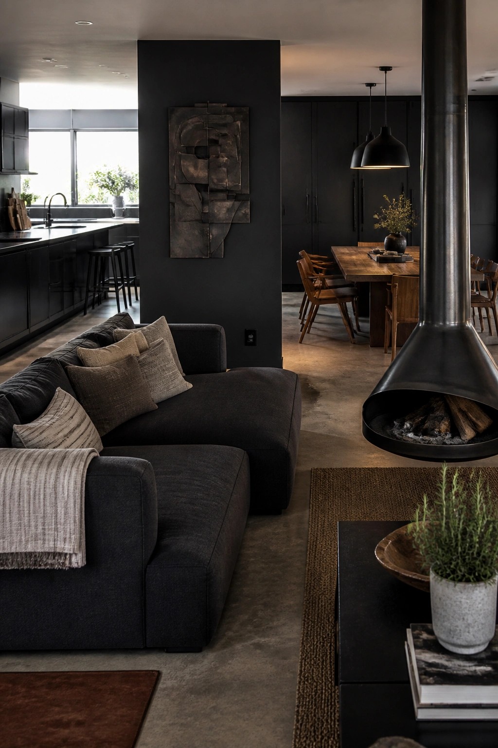 A dark living room with a large charcoal sectional sofa, black walls, a hanging fireplace, and an open dining area with a wooden table.