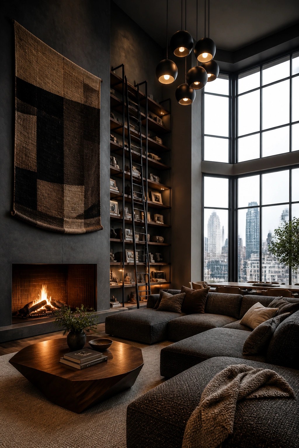 A living room with dark gray walls, a lit fireplace, a large dark sectional sofa, built-in bookshelves with a ladder, and tall windows showing a city view.