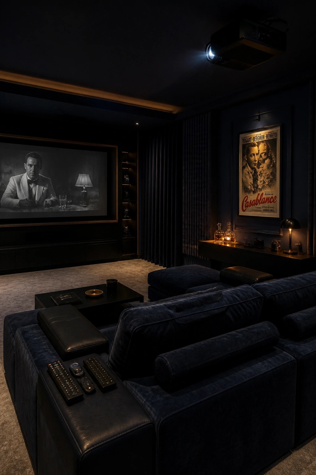 A dimly lit home theater room featuring large navy blue velvet sectional sofas, a projector screen displaying a black and white film scene, and a framed Casablanca movie poster on the dark wall.
