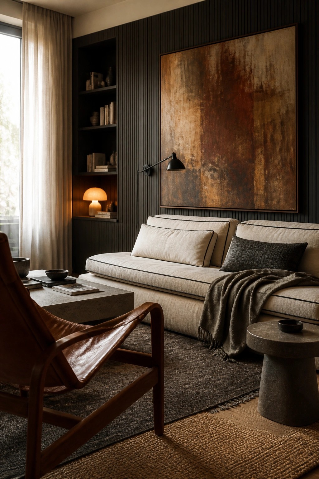 A living room featuring a dark vertically ribbed accent wall with a large abstract painting, a beige sofa, and a brown leather chair on layered rugs.