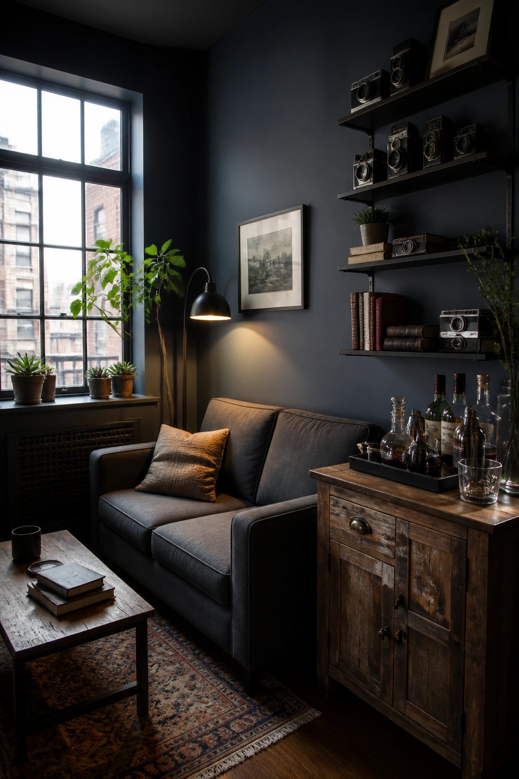 A living room corner with dark blue walls, a gray sofa, a wooden coffee table and cabinet, open shelves holding vintage cameras and books, and a large window with potted plants on the sill.