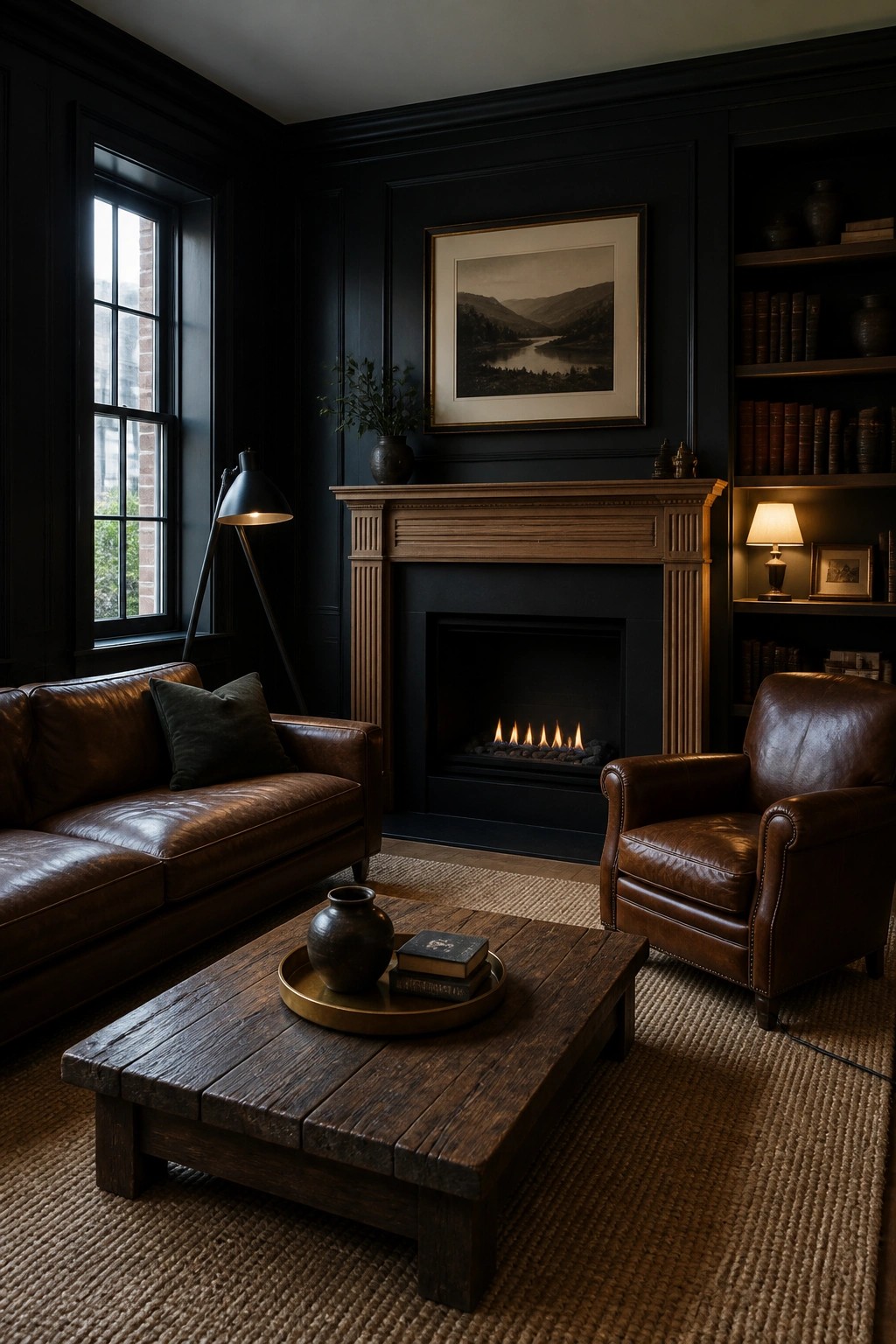 Dark living room with leather sofa, armchair, fireplace, bookshelves, and wooden coffee table