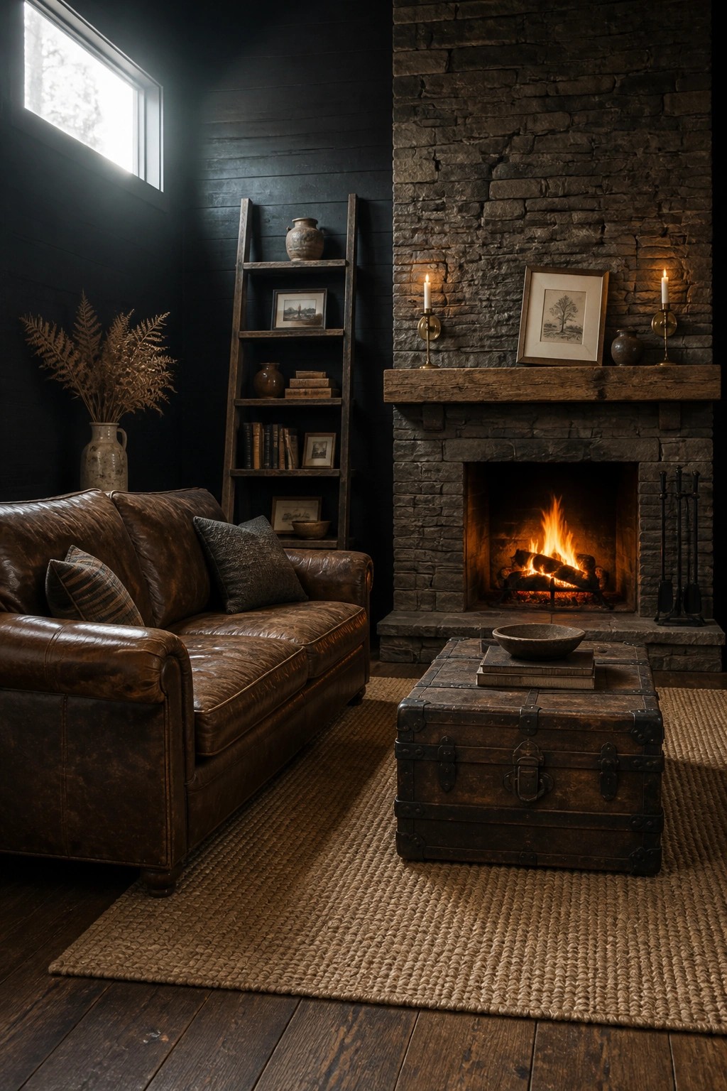 A living room with dark walls, a brown leather sofa, a large stone fireplace with a fire burning, a wooden ladder shelf, and a trunk used as a coffee table on a woven rug.