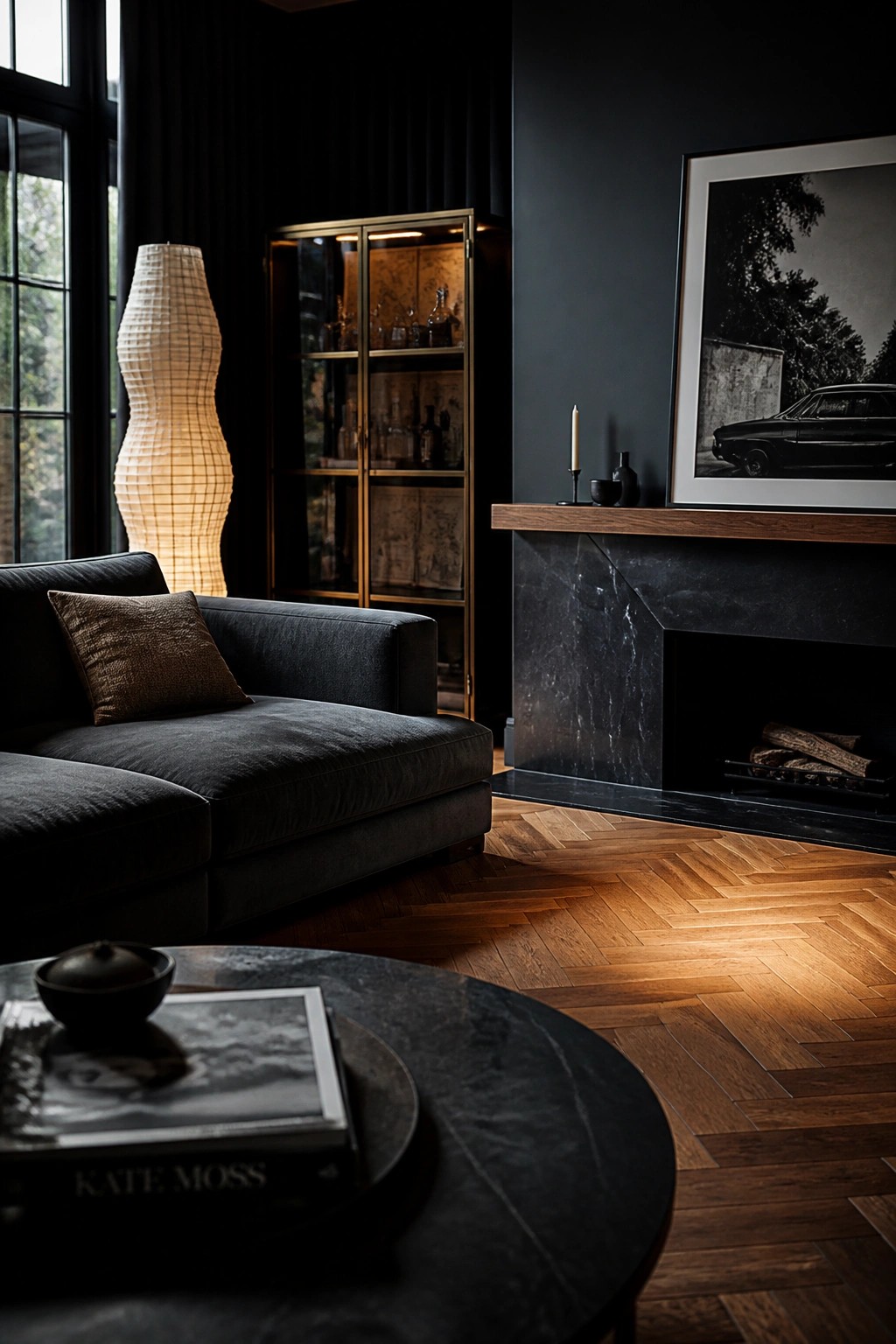 A dark living room featuring a black sofa against charcoal walls, a black marble fireplace, and a tall white floor lamp.