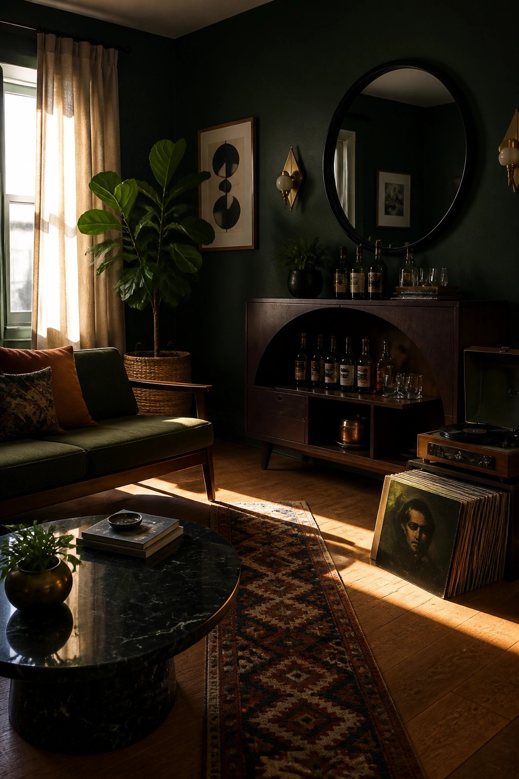 A living room with dark green walls, a green sofa, a dark wood bar cabinet, a round marble coffee table, and a large round mirror above the cabinet.