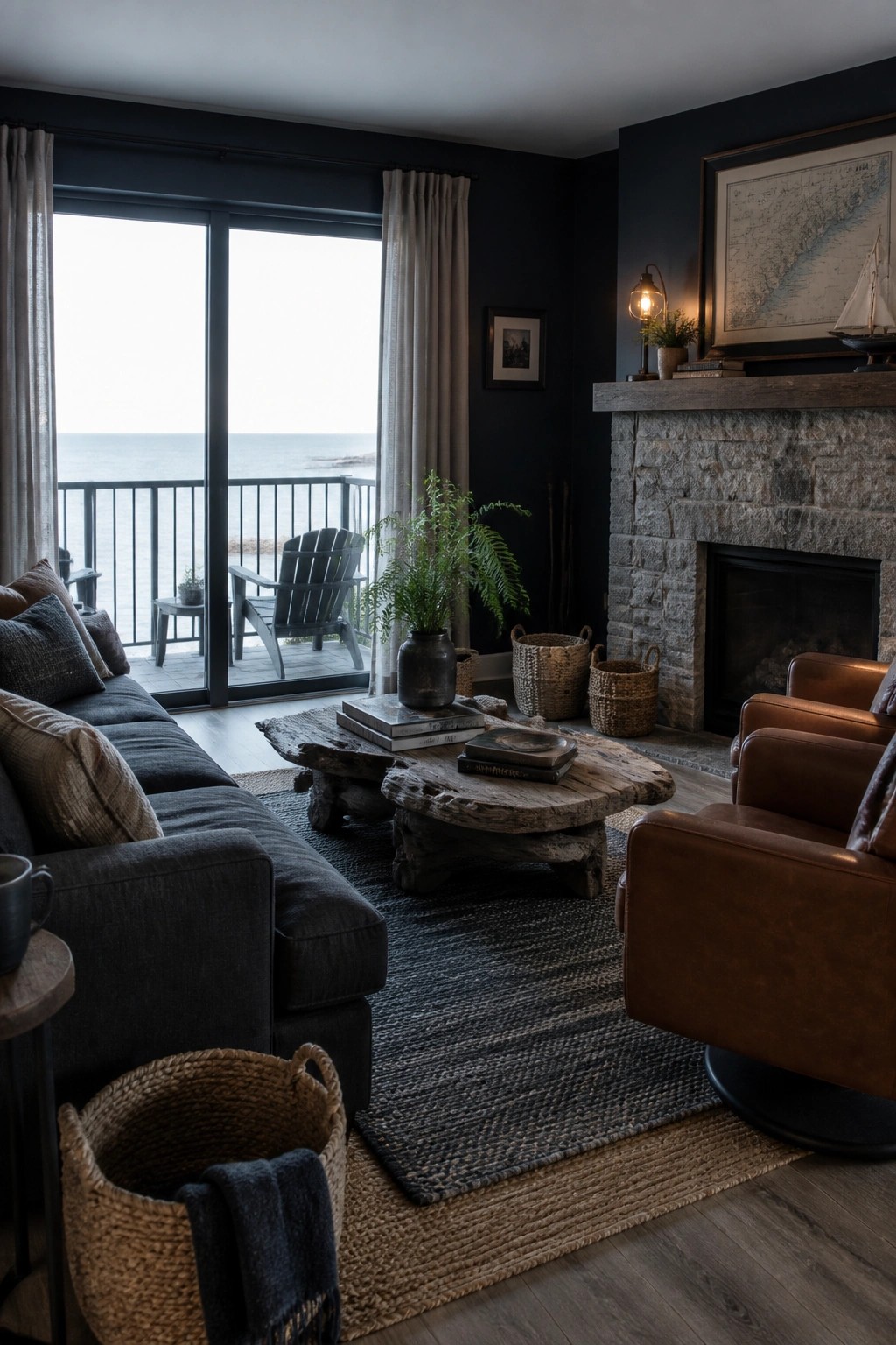 A living room with dark walls, a stone fireplace, leather armchairs, a dark sofa, and a wooden coffee table in front of large glass doors overlooking the ocean.