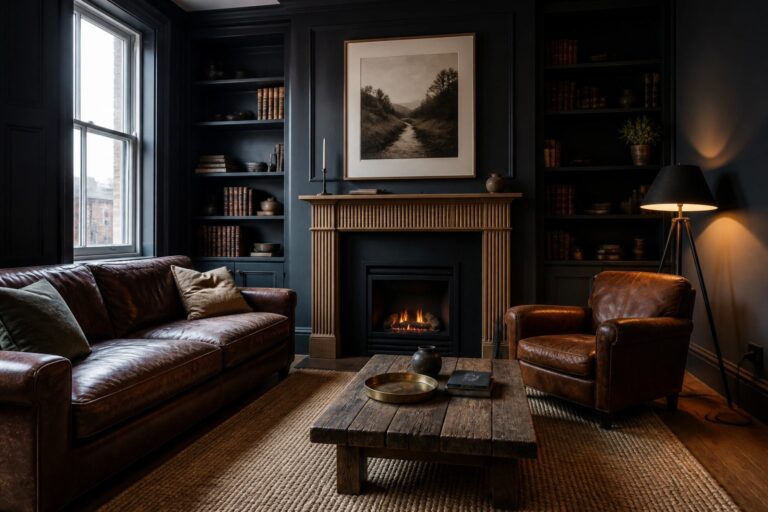 19 Dark Tone Masculine Living Room Ideas That Add Instant Depth Dark living room with leather sofa, armchair, fireplace, bookshelves, and wooden coffee table