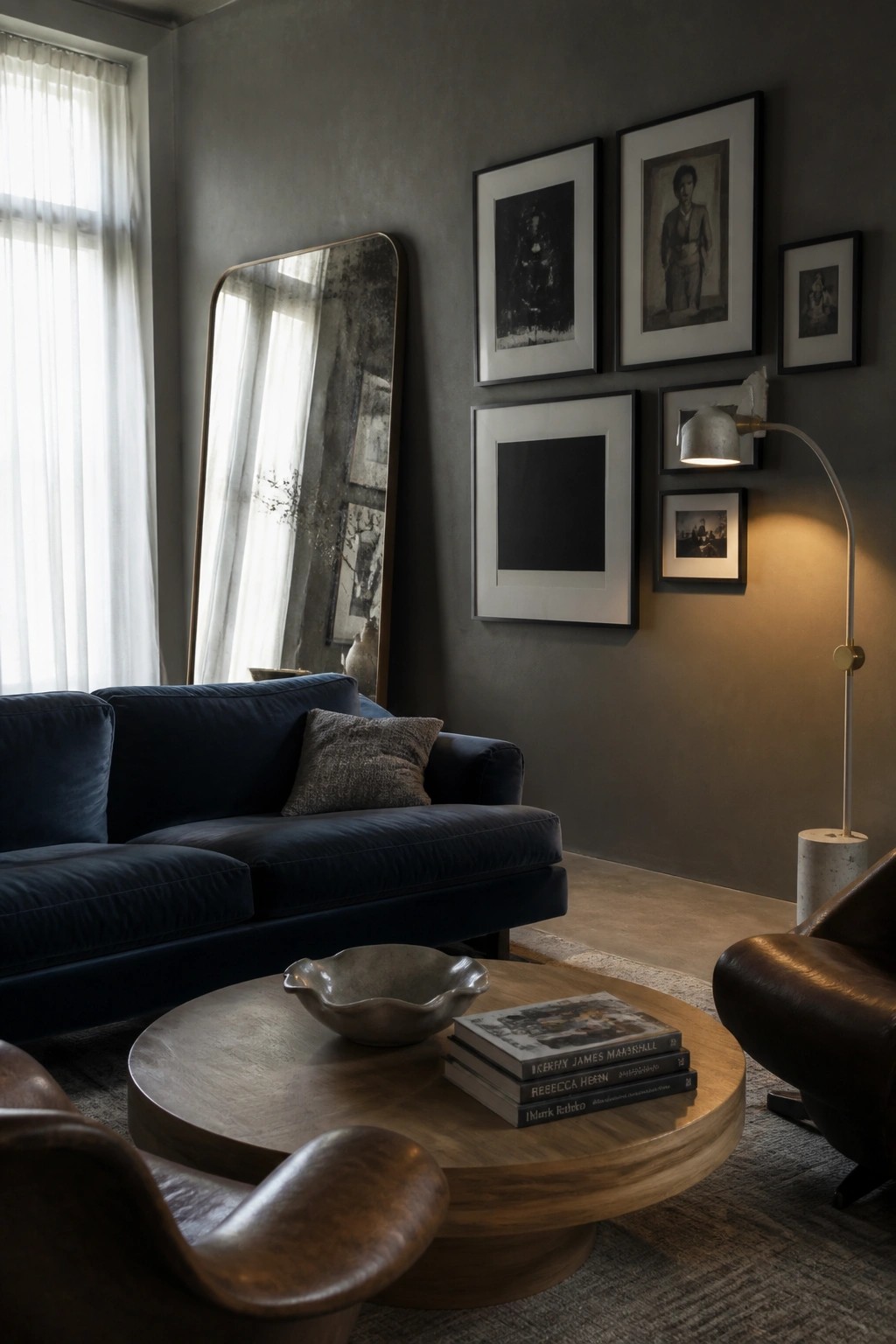 A living room featuring a dark blue sofa, round wooden coffee table with stacked books, and a dark gray wall displaying multiple framed black and white artworks arranged in a gallery style.