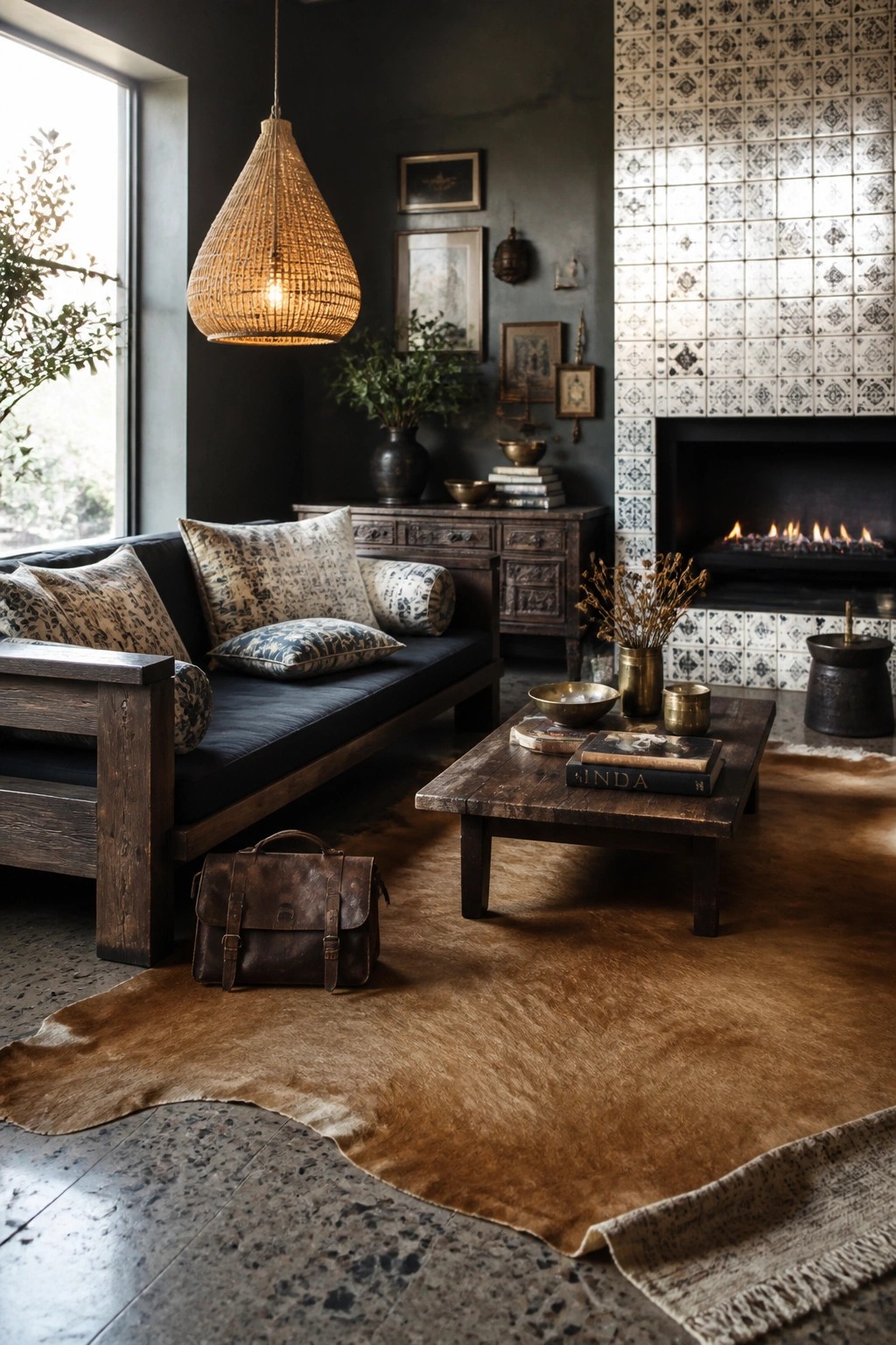 A dark masculine living room featuring a wooden sofa with patterned pillows, a large cowhide rug layered on the floor, a wooden coffee table, and a tiled fireplace.