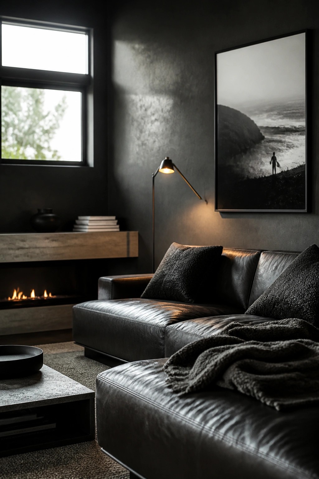 A modern living room with dark gray walls, a black leather sectional sofa, a floor lamp, a fireplace, and a large black and white photograph on the wall.