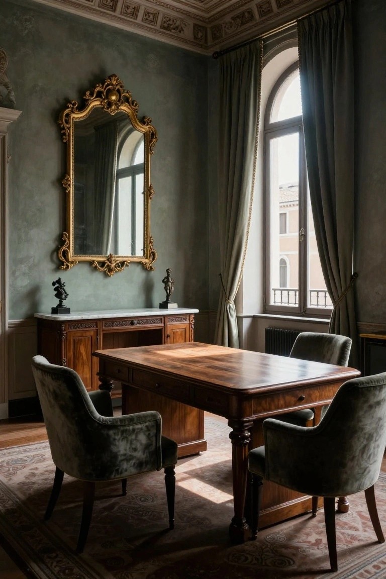 A spacious classic office with a large wooden desk, three green velvet armchairs around it, an ornate gold mirror above a marble console, and tall windows with heavy curtains.