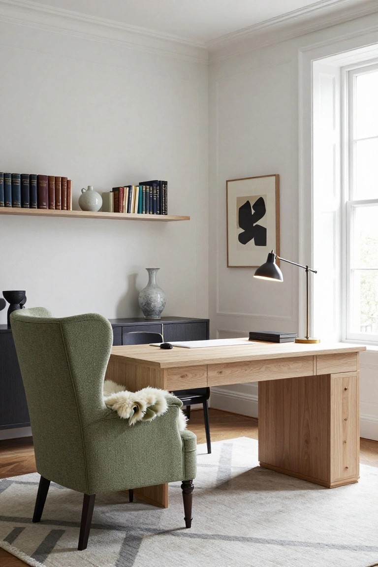 A light wood desk with a green wingback chair on a patterned rug in a white-walled home office with floating bookshelves and a desk lamp.