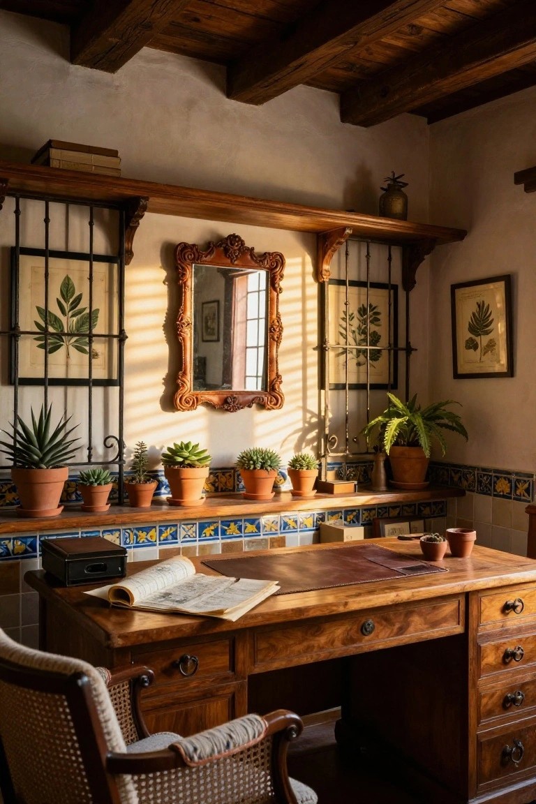 A wooden desk with an open book sits below a tiled ledge holding multiple terracotta pots with succulents, framed botanical prints, and an ornate mirror on the wall above.