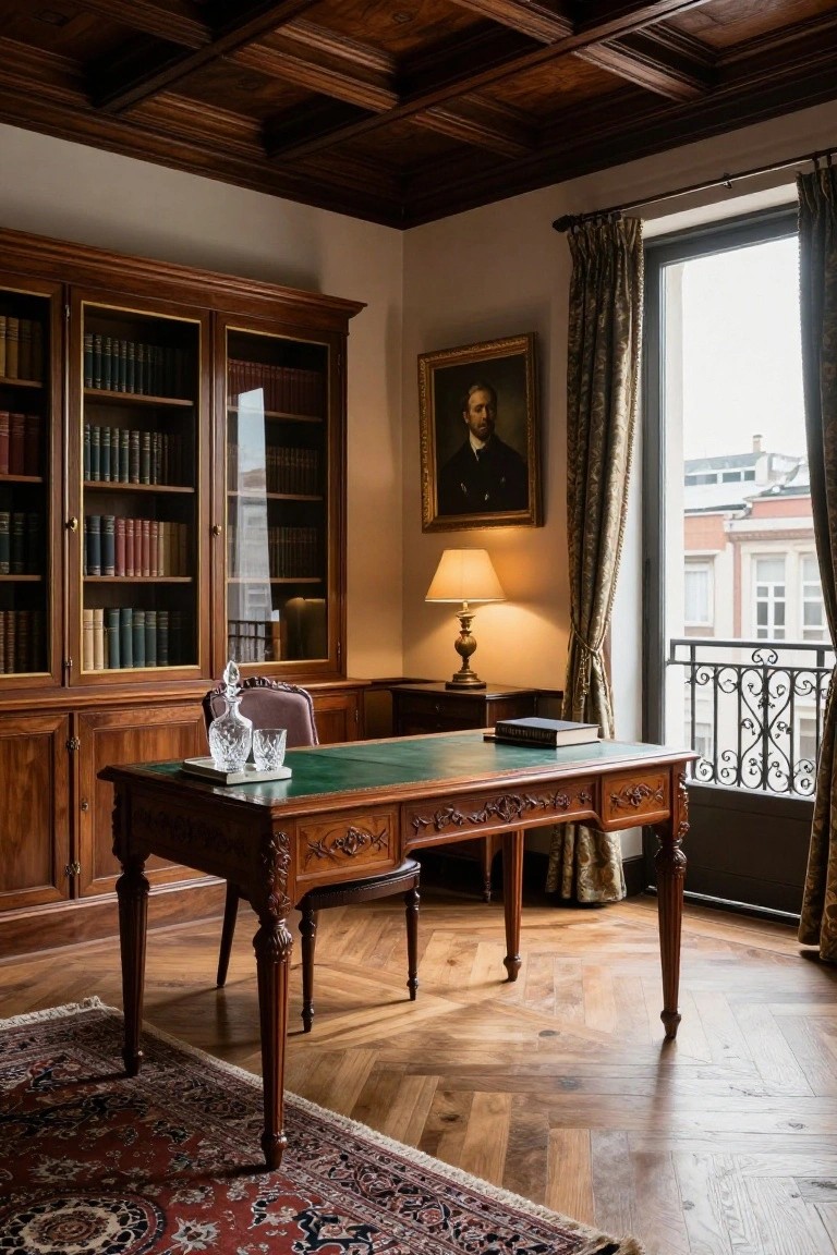 A wooden desk with green leather top stands in front of built-in glass-front bookcases filled with books, with a portrait on the wall and a large window to the right.
