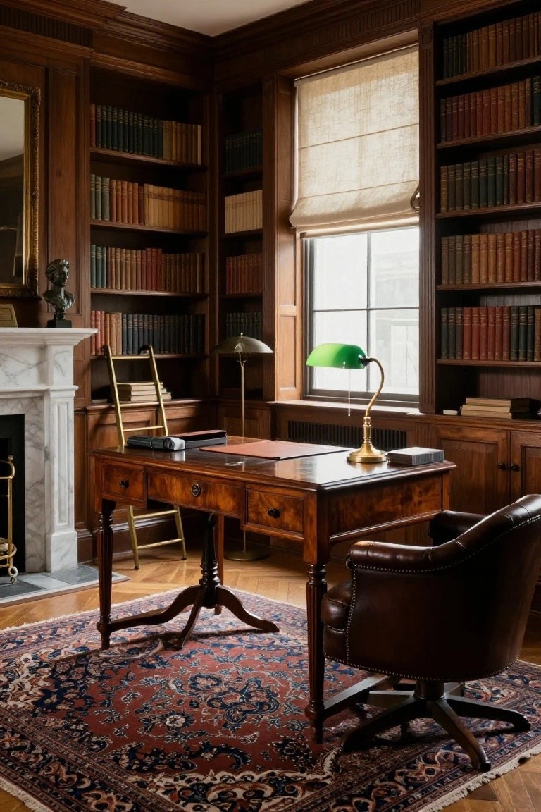 Elegant wooden library with desk, green lamp, leather chair, and full bookshelves.