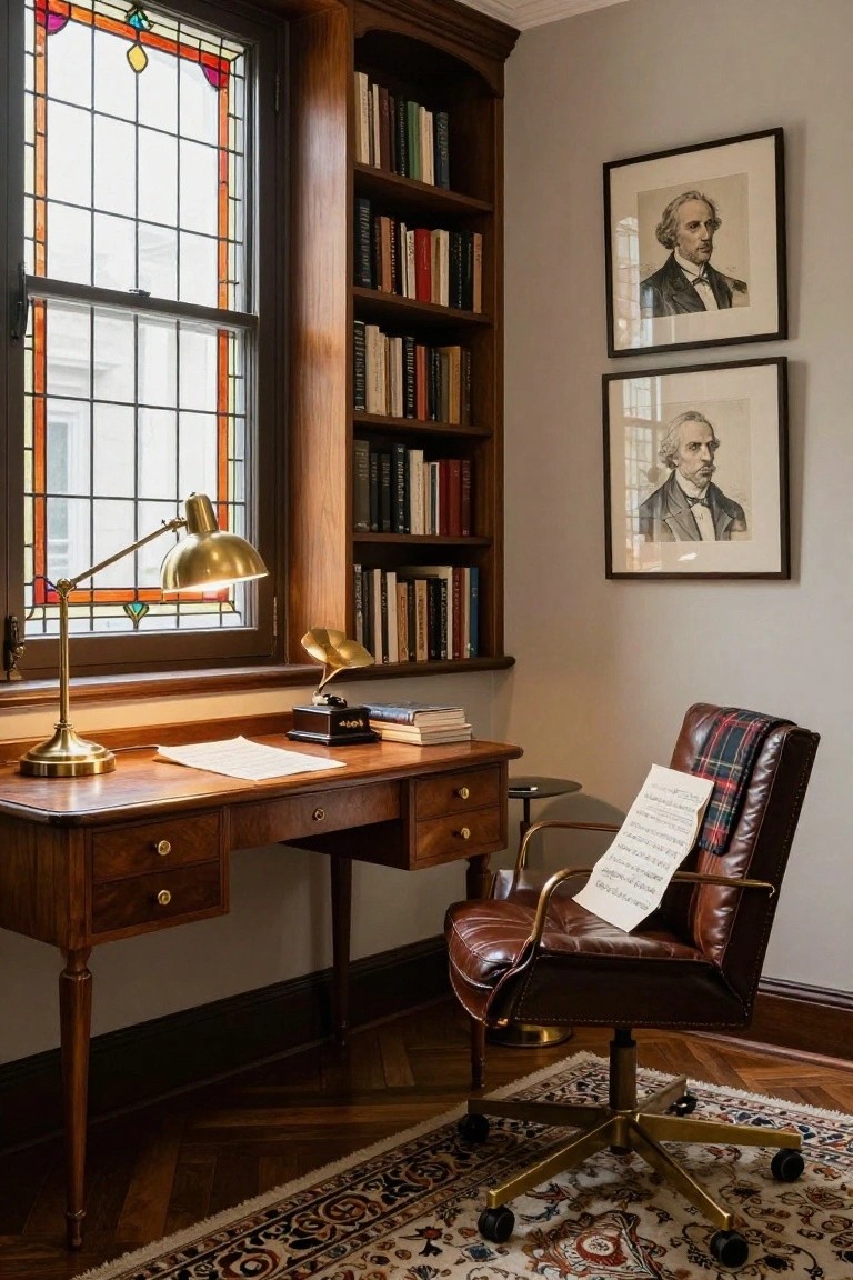 A wooden desk with brass lamp sits under a window beside tall built-in bookshelves, with a brown leather office chair on a patterned rug.