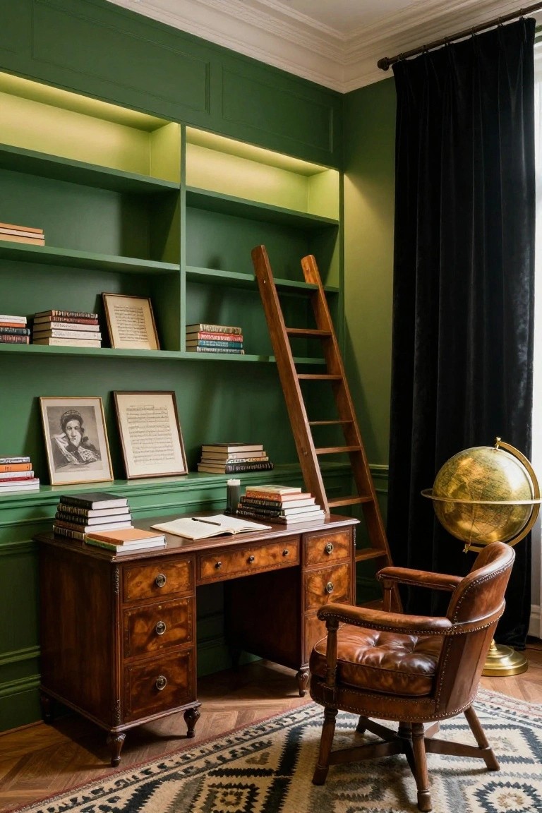 Green study with built-in bookshelves, wooden desk, leather chair, ladder, and globe.