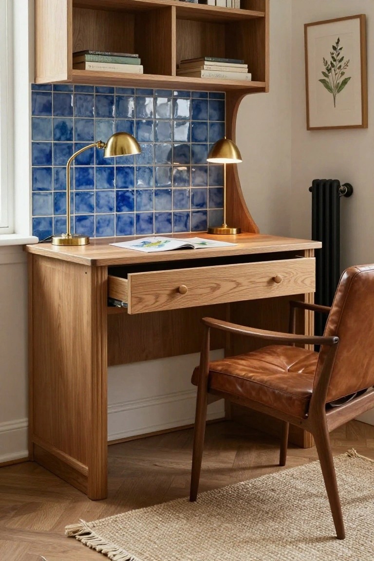 A wooden built-in desk with an open drawer, two brass lamps, and a blue tiled backsplash, next to a brown leather chair.