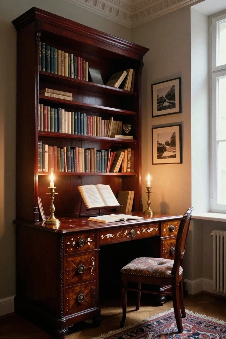 A dark wood desk with built-in bookshelves above it, filled with books, two lit candles on the desk, and a wooden chair in a classic interior office.
