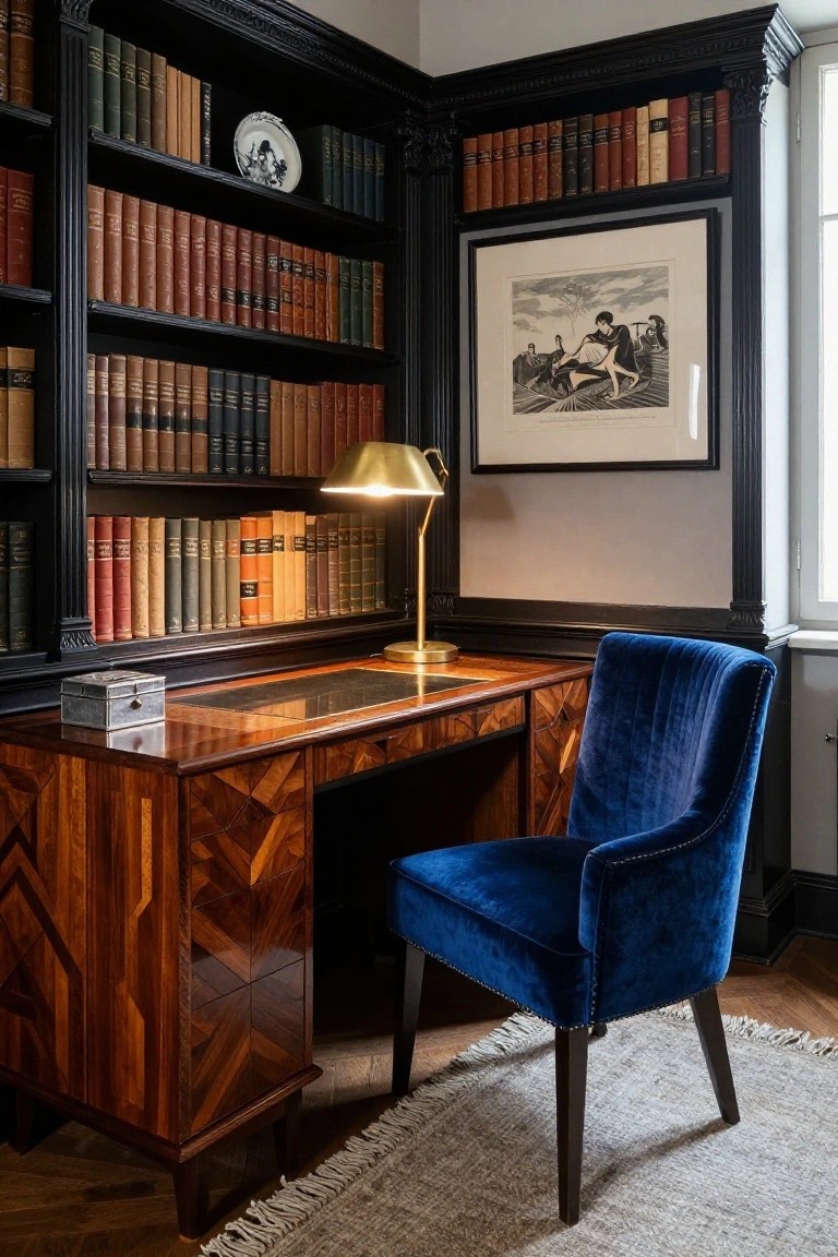 A home office corner with dark wood built-in bookshelves filled with books, a wooden desk, a blue velvet chair, and a brass desk lamp.