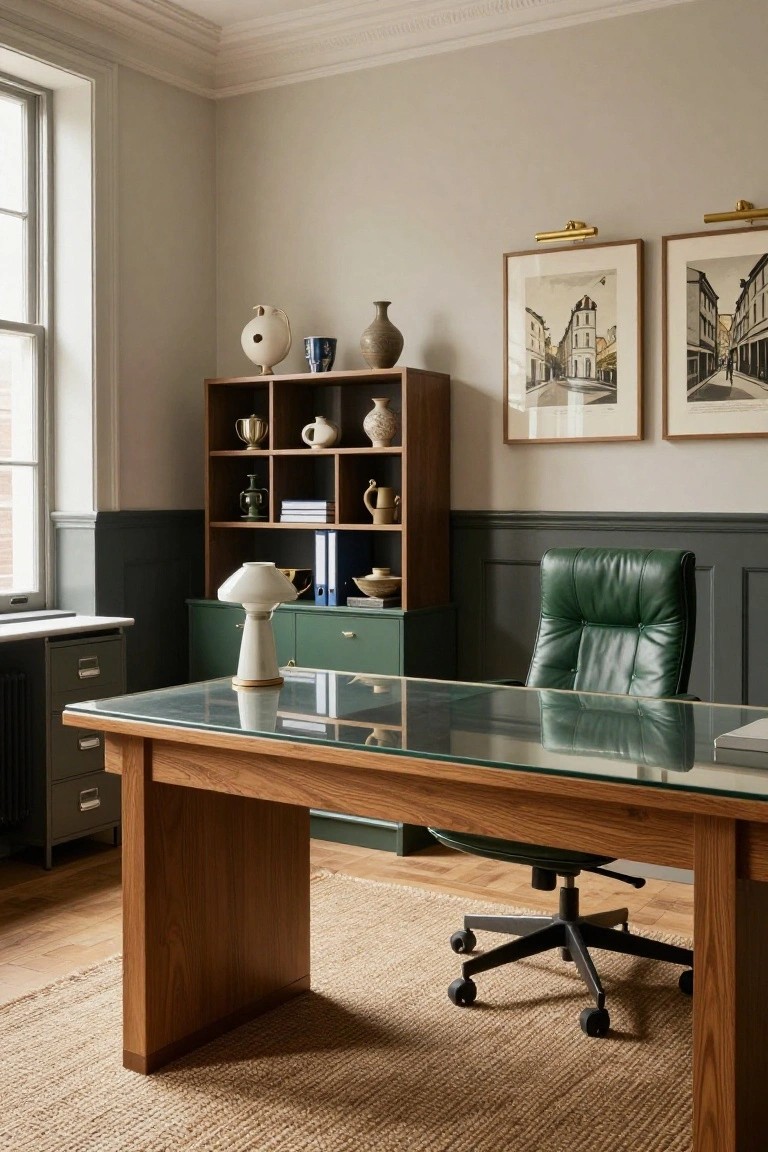 A home office interior with a wooden desk topped with glass, a green leather office chair, and a wooden shelving unit resting on green cabinets beneath framed wall art.