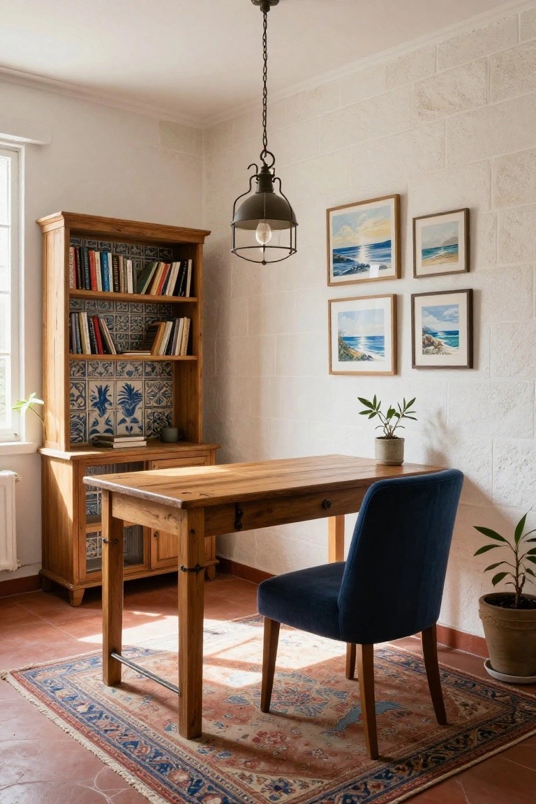 A wooden desk with a blue velvet chair on a patterned rug, next to a wooden bookshelf with books and blue tiles, in a room with white brick walls and framed art.