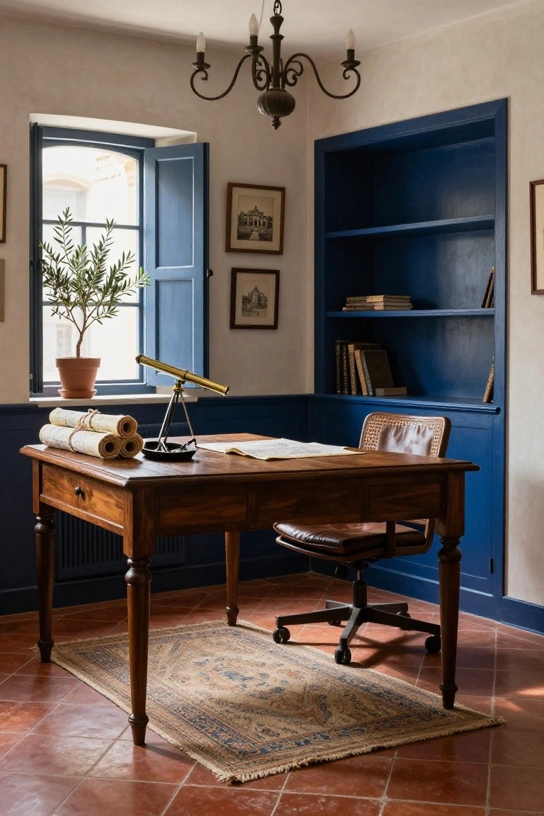 A wooden desk sits in front of a large blue built-in bookshelf in a room with terracotta tile flooring and an open blue window.