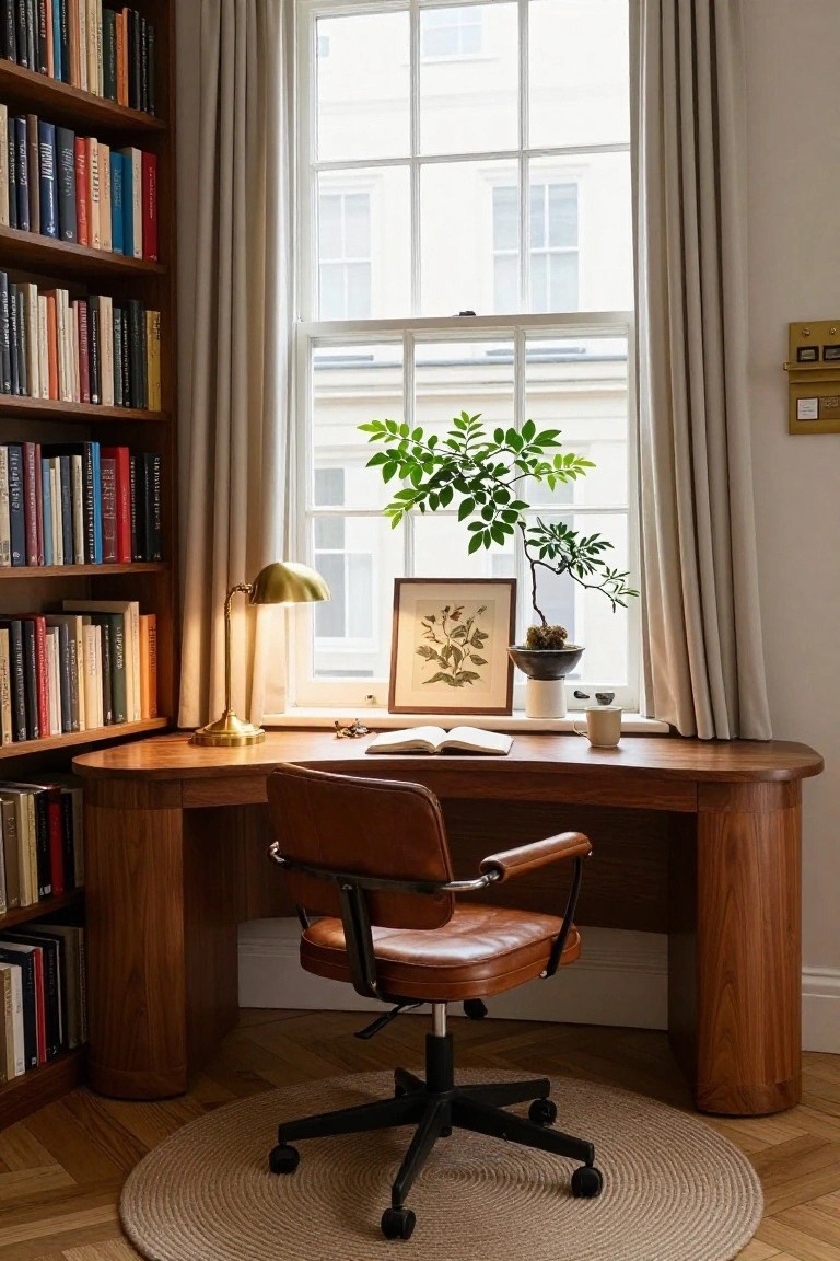 A wooden desk with a brown leather swivel chair positioned in front of a large multi-paned window, with a tall bookshelf filled with books on the left wall.