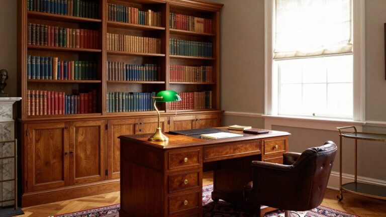 18 European Classic Gentleman Office Ideas with a Cultured Edge Elegant wooden library with desk, green lamp, leather chair, and full bookshelves.