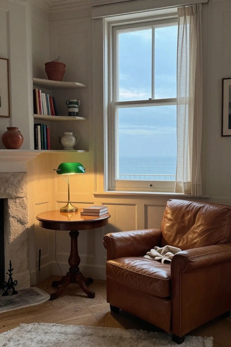 A brown leather armchair beside a round wooden table holding a green banker's lamp and books, positioned near a large window with an ocean view and built-in shelves on the left.