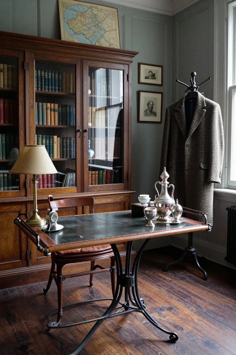 A wooden desk with a dark green leather top stands in front of glass-fronted bookshelves filled with books in a traditional office.