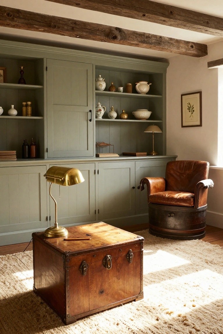 A study with sage green built-in cabinets and shelves, a brown leather armchair on a barrel base, and a large wooden trunk used as a table on a woven rug.