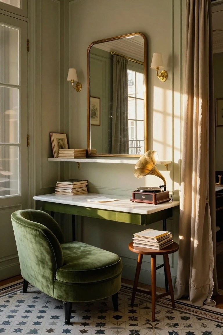 A green velvet chair is positioned next to a green desk with a white marble top, books, and a gramophone beneath a large gold-framed mirror.
