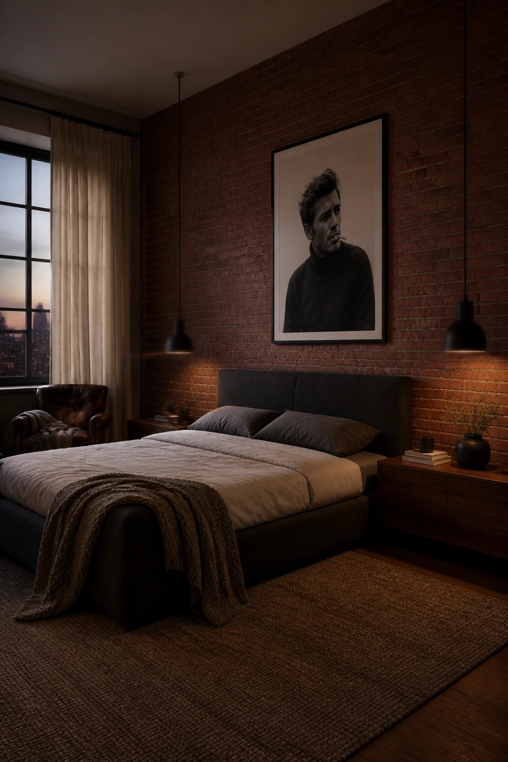 A minimalist bedroom with a large bed dressed in neutral bedding against a red brick wall, a black and white portrait above the headboard, and two black pendant lights hanging on either side.