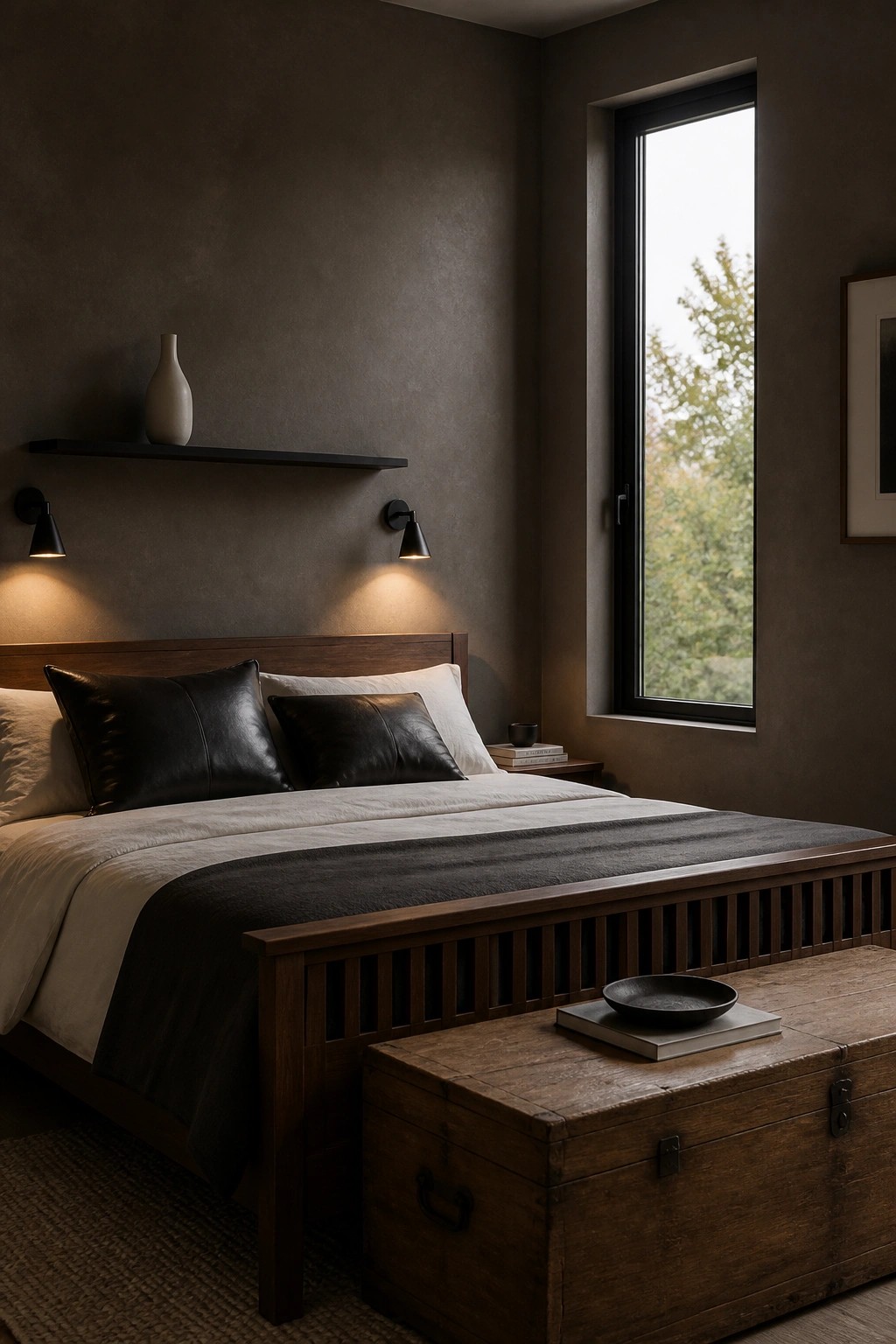 A minimalist bedroom with a dark wood bed, neutral and black bedding, two black leather pillows, a wooden storage chest at the foot of the bed, wall sconces, and a tall window on the right.