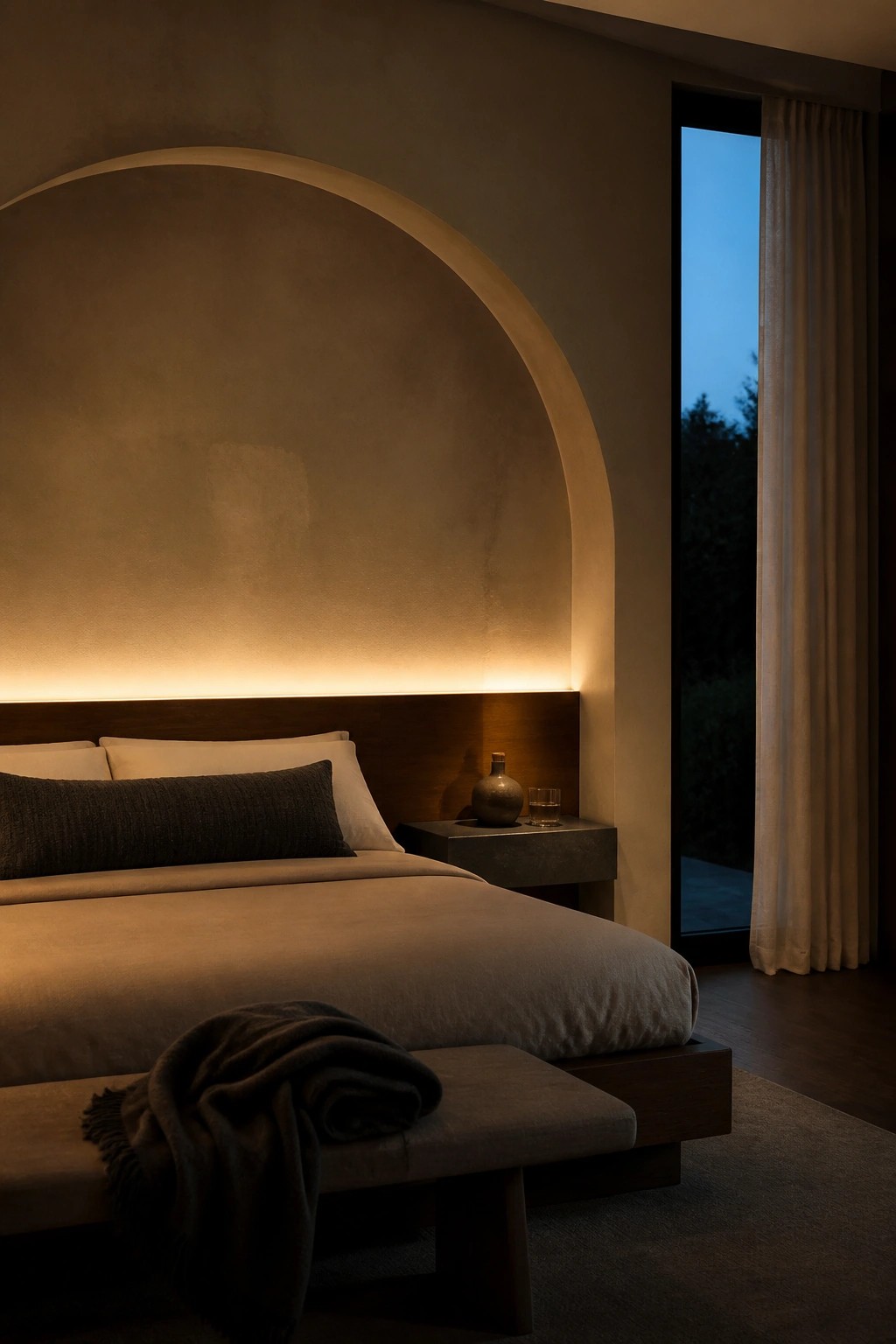 A bedroom showing a bed placed beneath a large backlit arched niche in a textured wall, with a nightstand holding a small vase and glass, and a window with sheer curtains to the right.