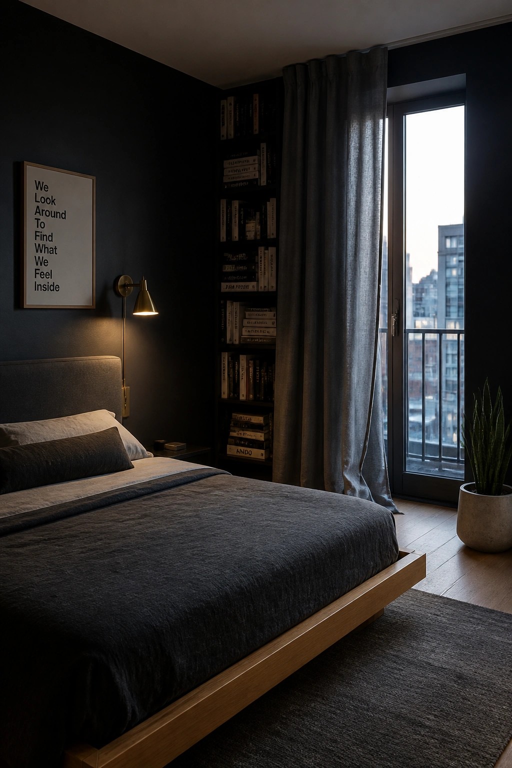 A minimalist bedroom with dark walls, a large bed with dark bedding, built-in bookshelves filled with books beside the bed, a wall sconce, and a glass door with gray curtains.