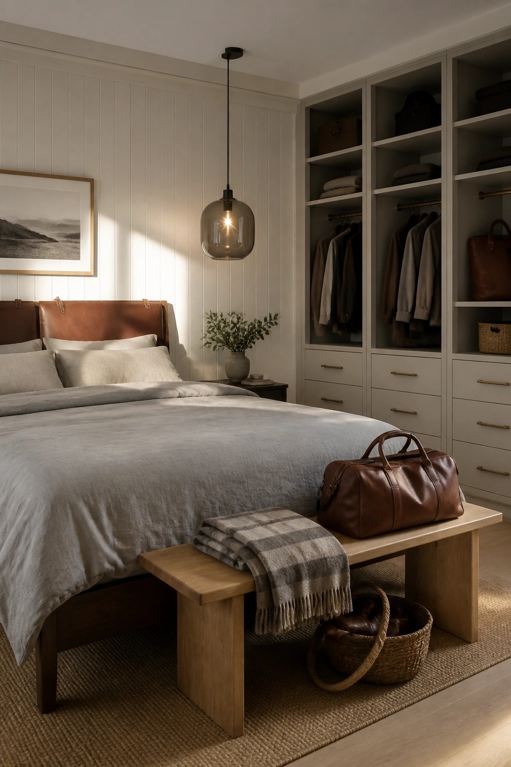 A minimalist bedroom with a large built-in closet system, a bed with gray bedding and a brown leather headboard, a wooden bench at the foot of the bed, and neutral walls with a pendant light.