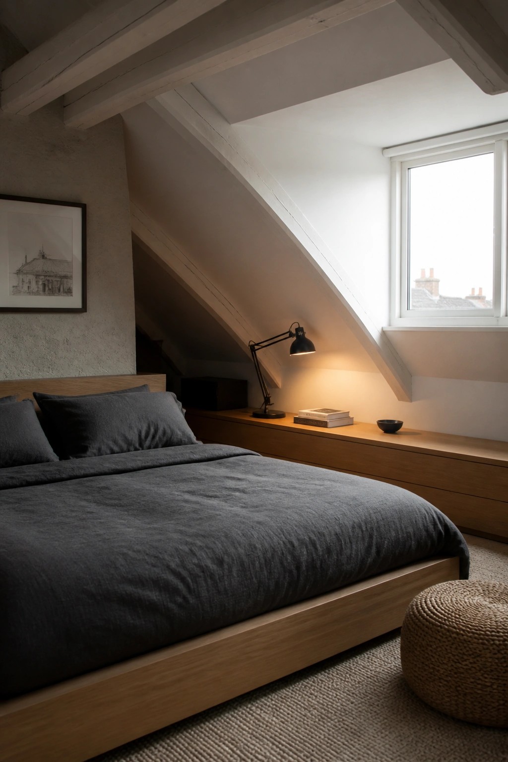 A minimalist attic bedroom featuring a low wooden bed with dark gray bedding, a long built-in wooden ledge under a sloped ceiling, and a window on the right.