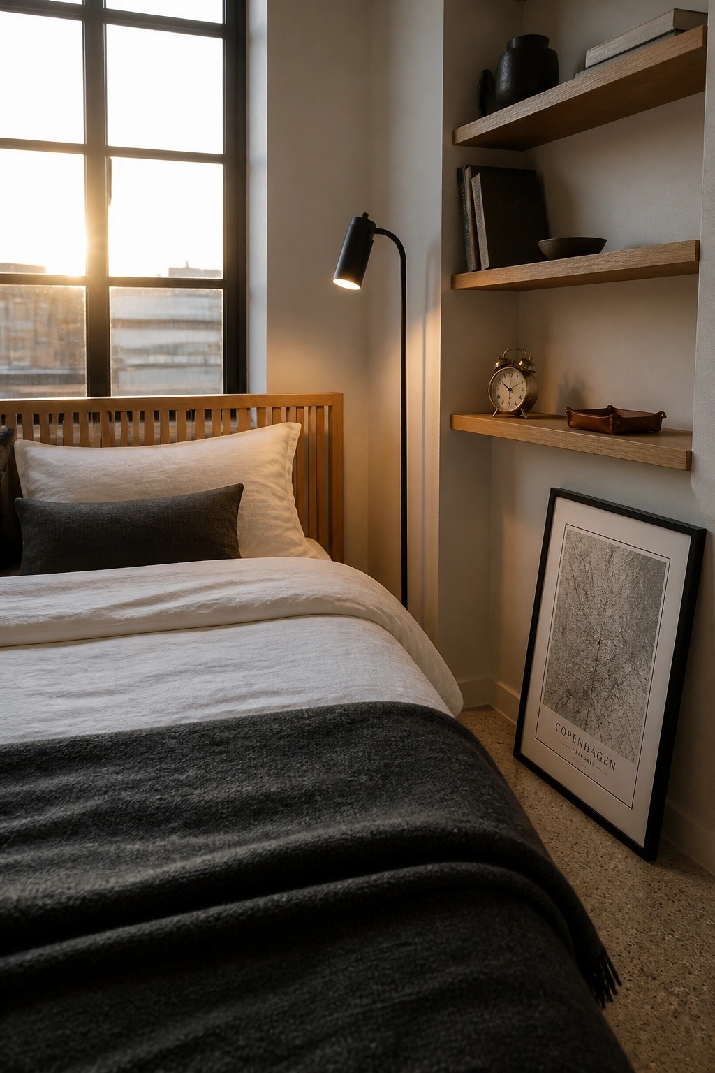 A minimalist bedroom with a wooden bed frame, white and dark bedding, a black floor lamp, built-in wooden shelves holding books and an alarm clock, and a framed map of Copenhagen leaning on the floor.