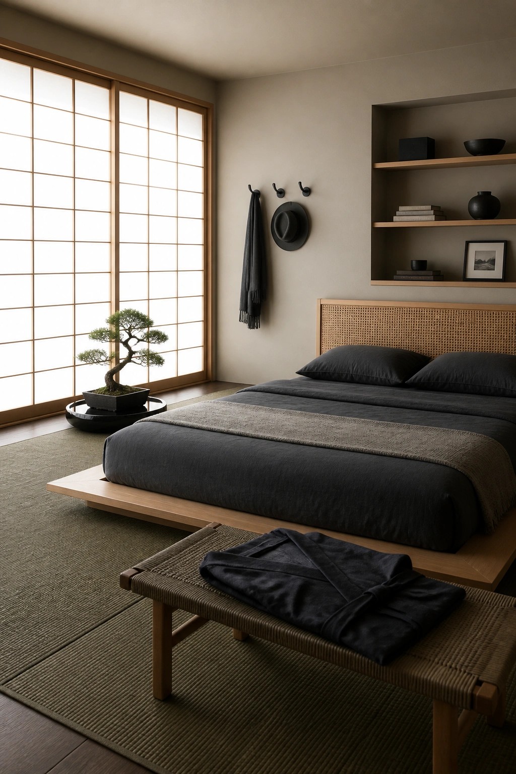 Minimalist Japanese bedroom with low platform bed, bonsai, woven bench, and shoji screens.