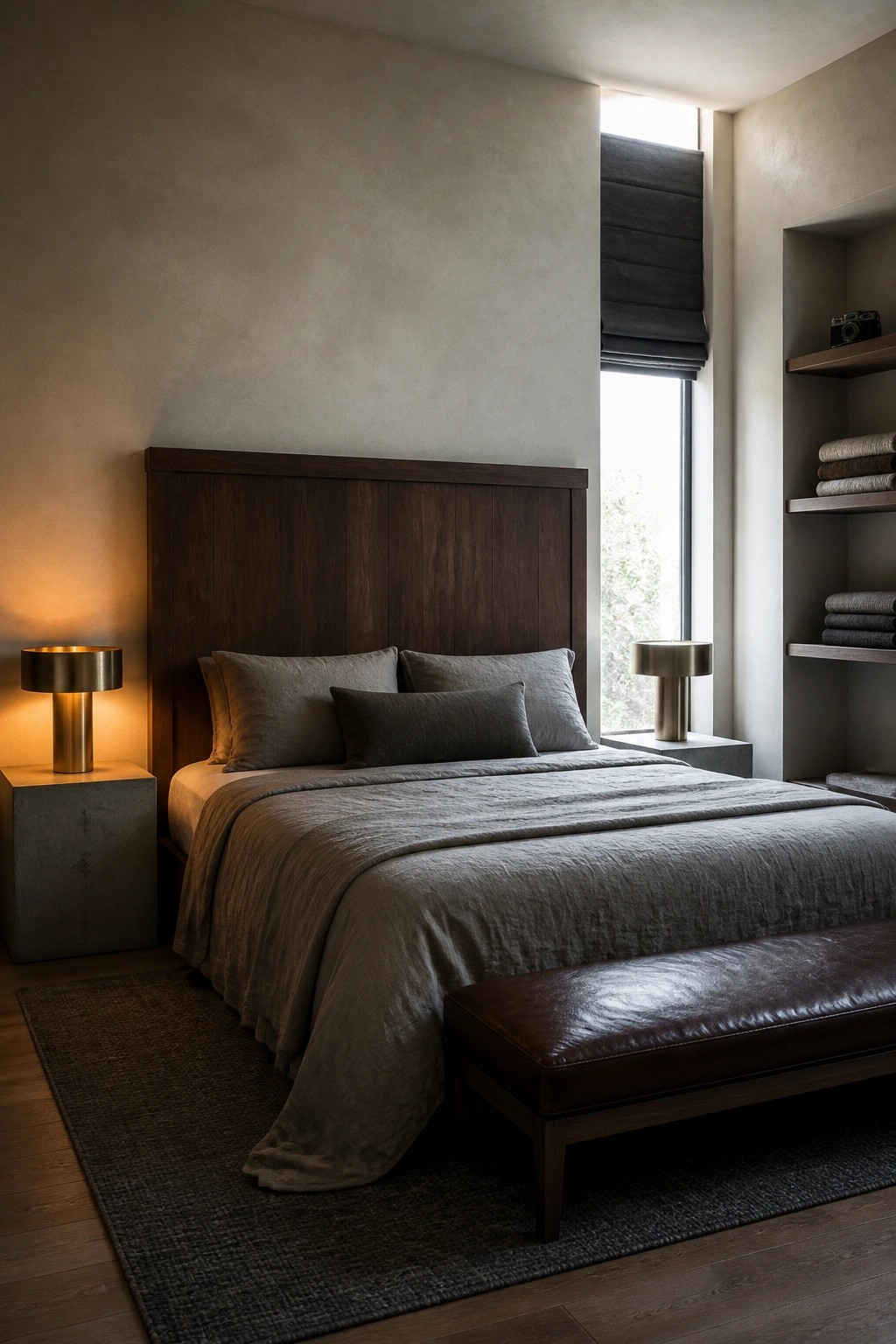 Modern bedroom with dark wood bed, gray linens, leather bench, and warm lamps