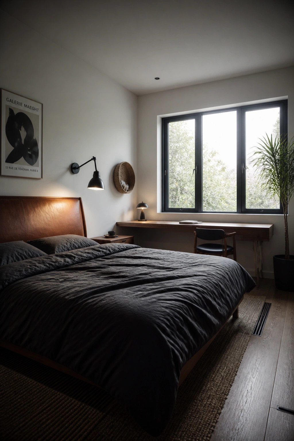 Minimalist bedroom with dark bed, leather headboard, wooden desk, and large window.