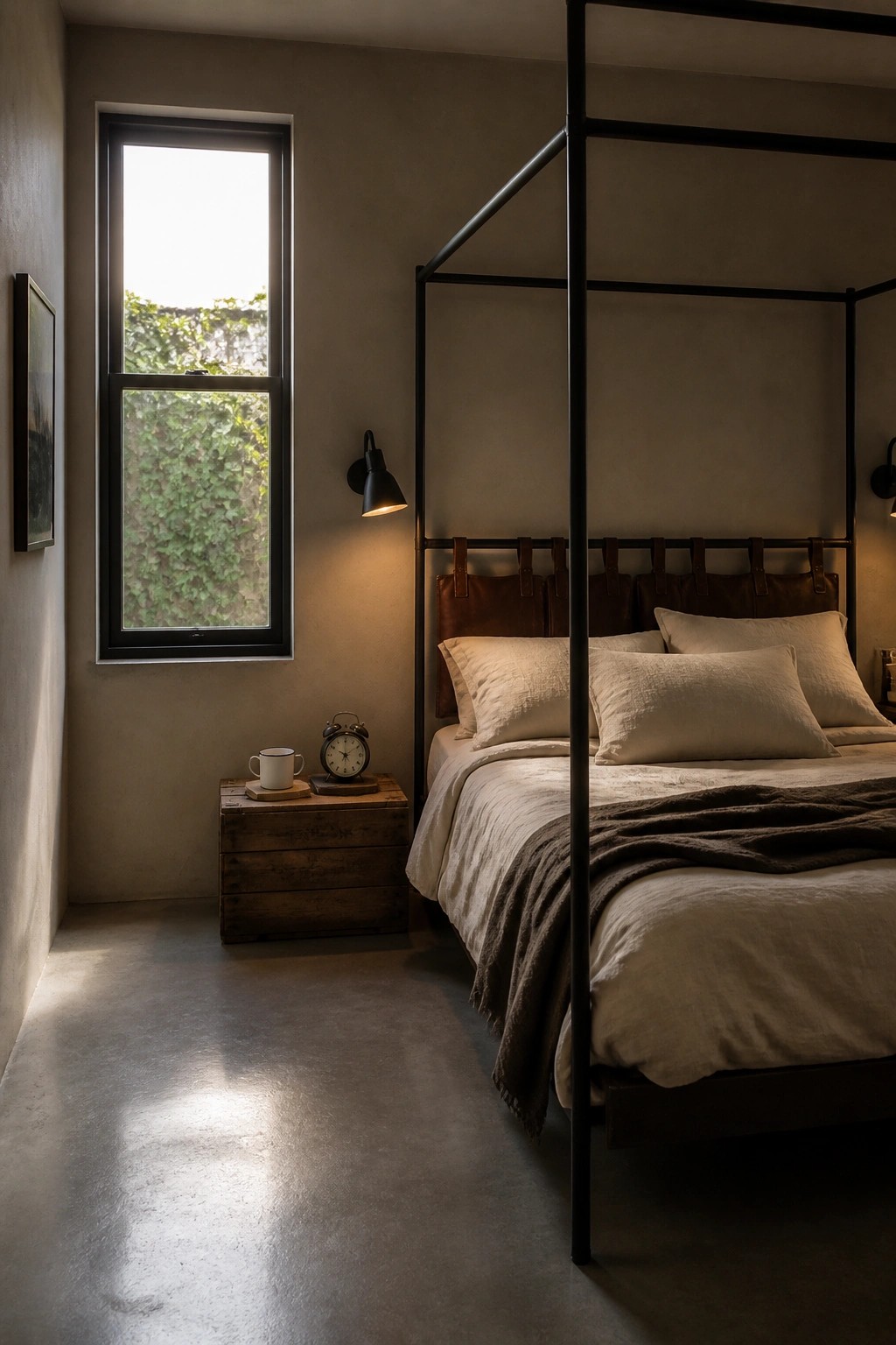 A minimalist bedroom with a black metal canopy bed, neutral linens, leather headboard panels, a wooden nightstand, and a large window on a concrete wall.