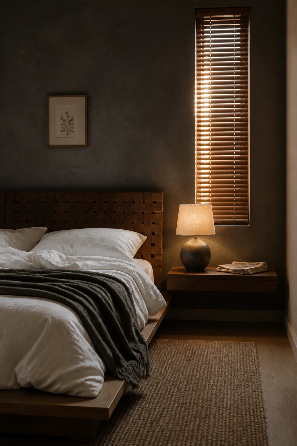 A minimalist bedroom featuring a dark textured wall, a low wooden platform bed with a woven headboard, white bedding, a floating nightstand with a lamp, and a tall window with wooden blinds.