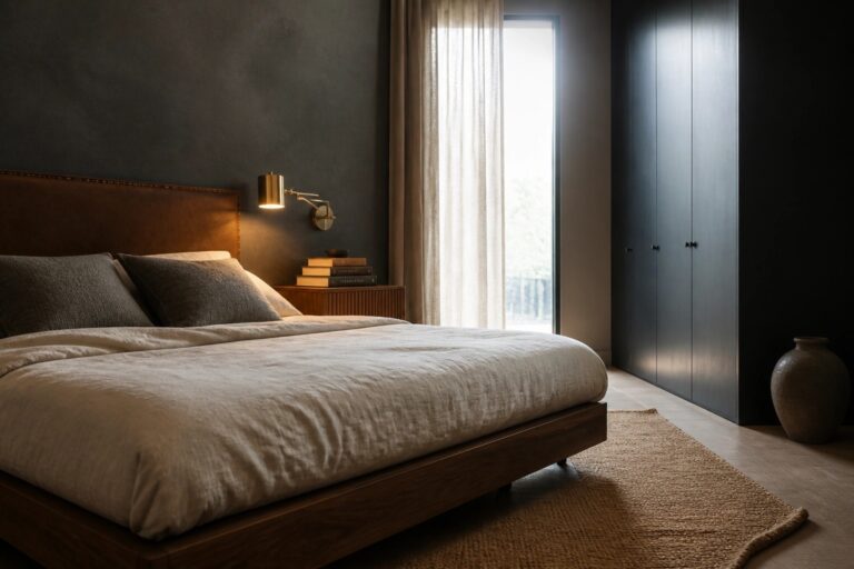 19 Minimalist Gentleman Bedroom Ideas for a Clean and Calm Space A minimalist bedroom featuring a low dark wood platform bed with neutral bedding against dark textured walls and a tall window with sheer curtains.