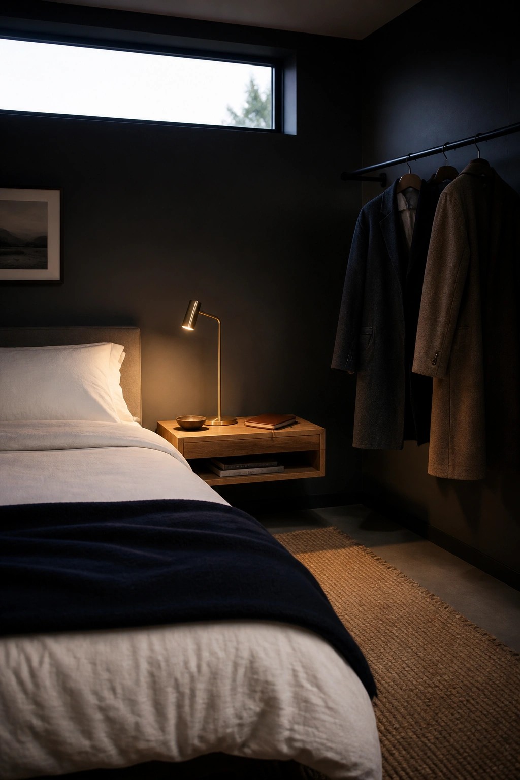 A bedroom with a bed covered in white linens and a navy blanket, a floating wooden nightstand holding a brass lamp and books, dark walls, and coats hanging on a rod to the right.